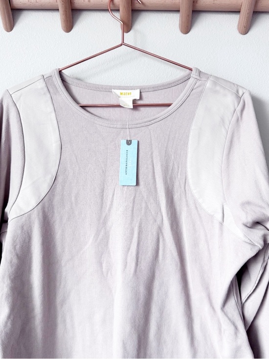 Anthropologie Maeve Beige Long-Sleeve Ribbed Faux Leather Insert Crew Pullover - Picture 5 of 13